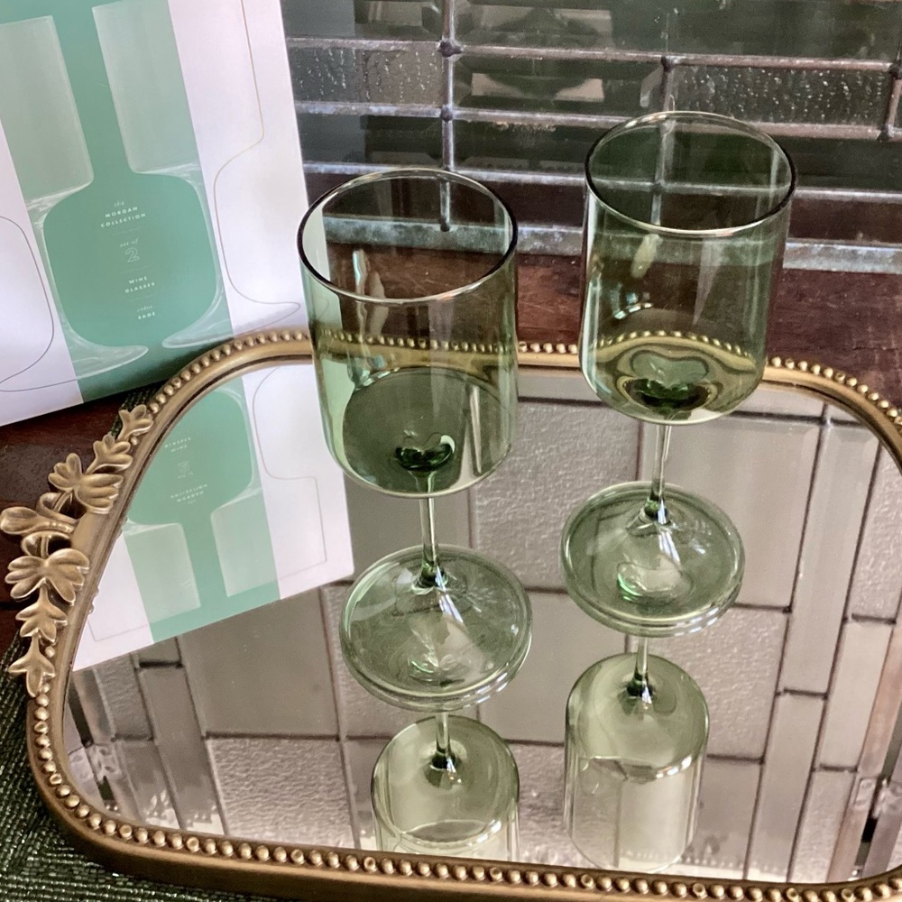 Anthropologie Morgan wine glasses RARE COLOR -Sage Green NIB